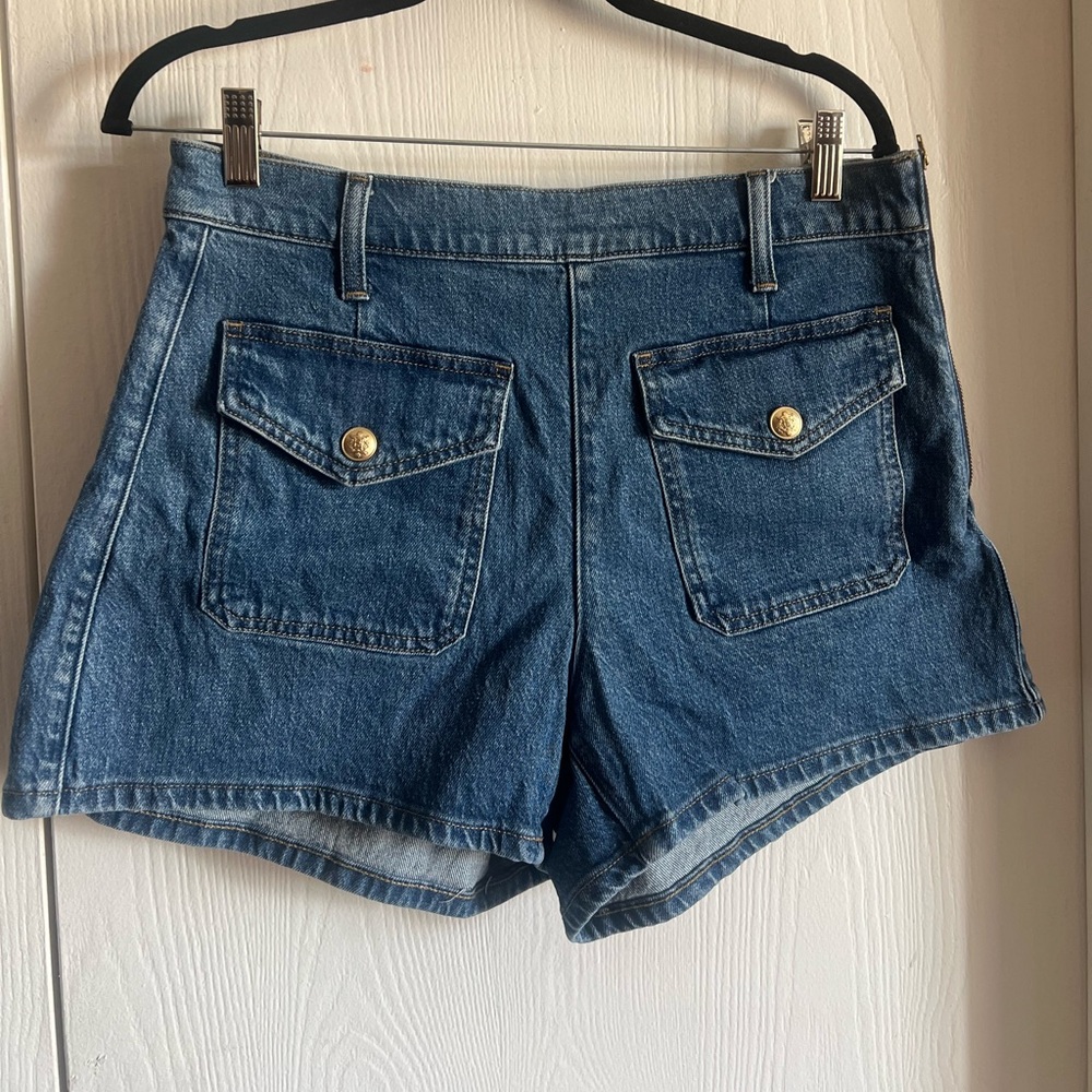 J.Crew Sailor Pockets Denim Shorts Womens Side Zip Stretch Blue Jean Size 28 EUC